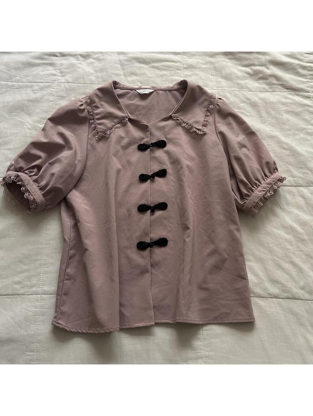 Dusty Mauve Pink Blouse Lace Collar Frog Closure Puff Sleeve Small Japan